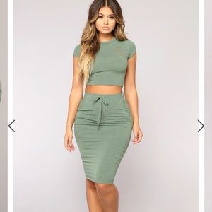 Crop top and knee length olive green set.
